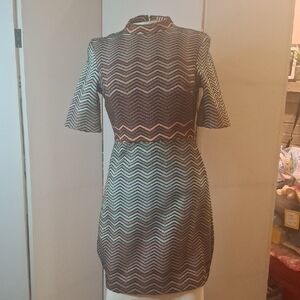 Chevron Knit Short Sleeve Dress in Brown and Cream